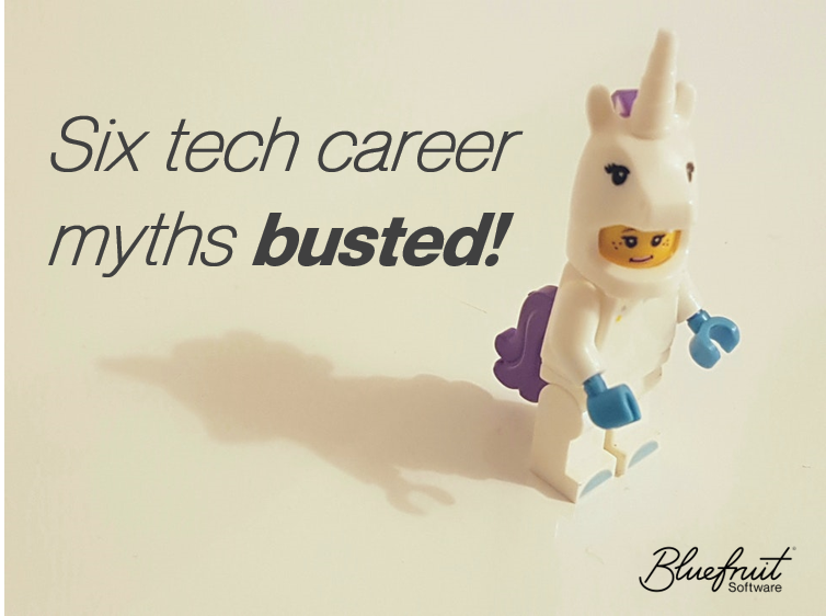 A LEGO unicorn person figure beside the words "Six tech career myths busted!"
