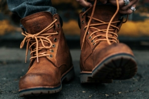 A pair of brown leather work boots