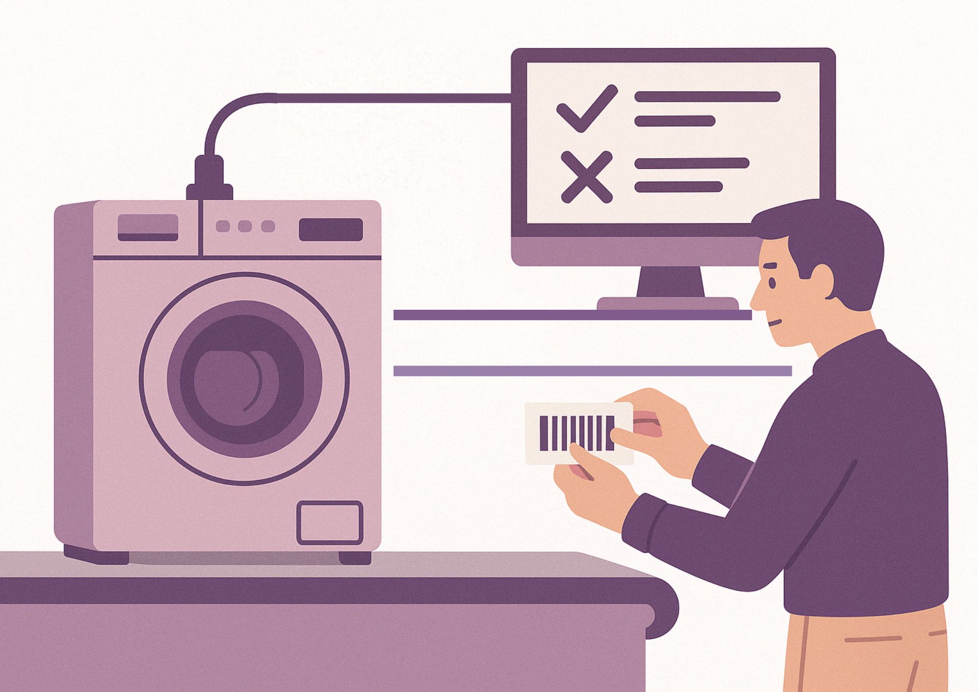 A flat-style digital illustration of an industrial end-of-line testing process. A washing machine sits on a conveyor belt with a cable plugged into it, connected to a computer screen displaying a diagnostic test. A man is applying a barcode sticker to the front of the washing machine. 